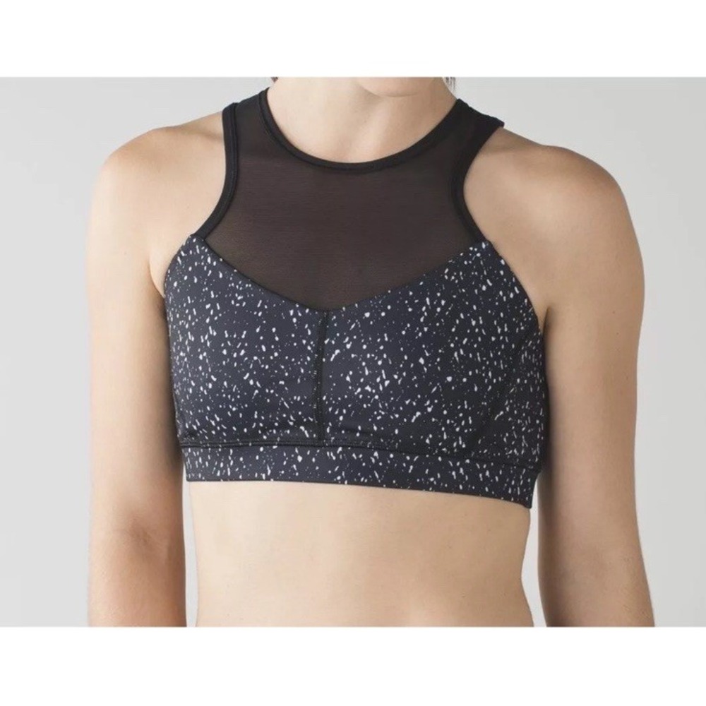 Lululemon High Neck Sports Bra Mesh Black & White Splatter Gym Yoga Dance Size 8